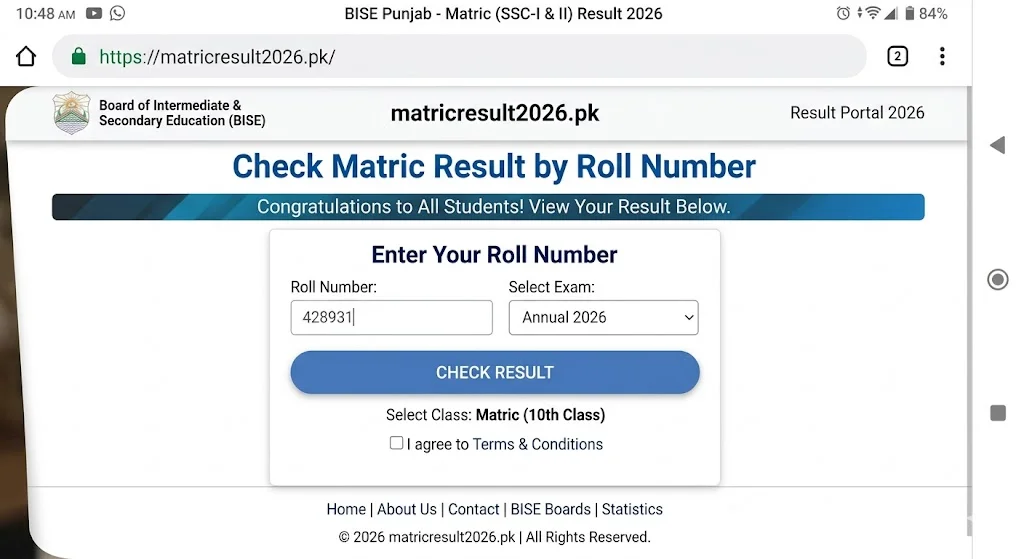 Check matric Result by Roll Number